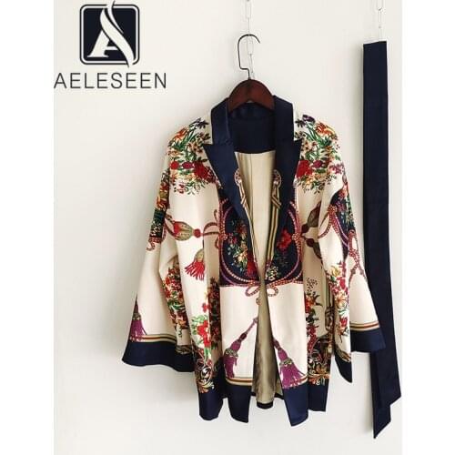 AELESEEN Runway Fashion Women Jacket Designer Flower Print Cardigan With Blet Cosplay Outwear Loose Casual Jackets
