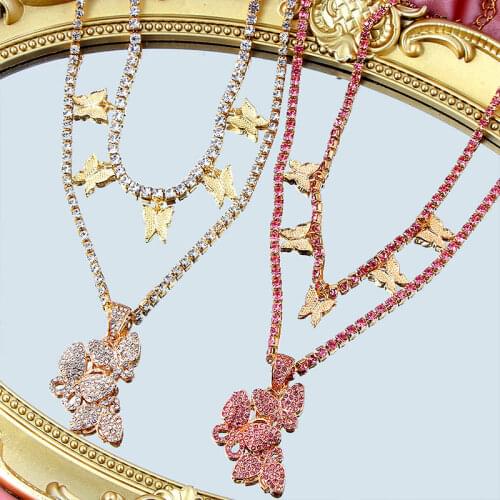 Flatfoosie New Korean Cute Crystal 3 Butterfly Pendant Necklace For Women Multilayer Rhinestone Tennis Chains Necklace Jewelry