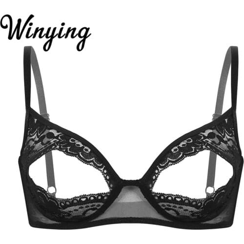 Women Sexy Lingerie Sheer Lace Floral Adjustable Straps Nipple Split Bralette Wire-free Unlined Open Cups Transparent Erotic Bra