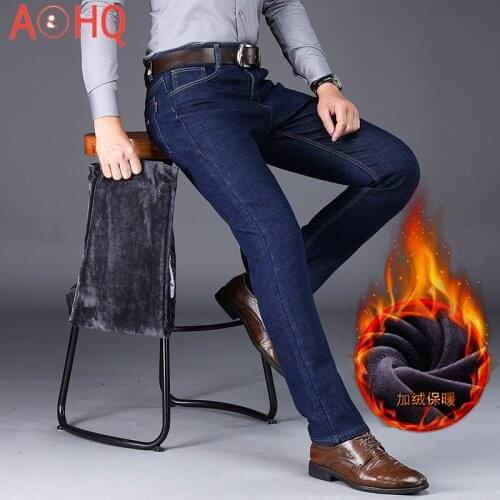 Fleece Winter Warm Jeans Men Casual Straight Stretch Black Blue Thick Denim Jeans Male 2021