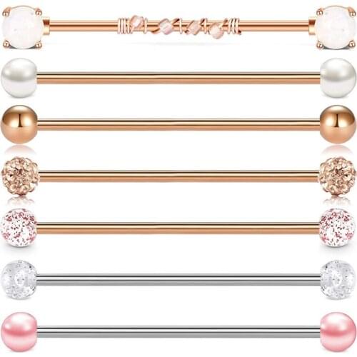 14G Stainless Steel Industrial Barbell Synthesis Pearl Opal Glitter Ball Ear Cartilage Helix-Conch Earring Piercing Jewelry 38mm