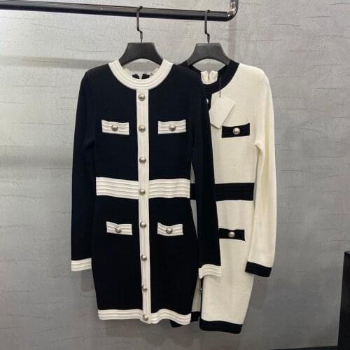 2021FW Autumn Luxury High Quality Patchwork Long Sleeve Knitted Casual Dress For Ladies 2 Color Gdnz 8.19