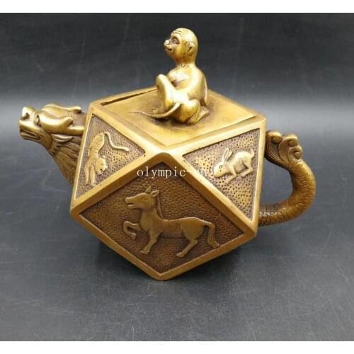 5.5'' copper carvings twelve chinese zodiac signs twelve animal cup teapot pot