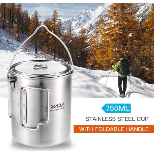 750ml Stainless Steel Outdoor Camping Pot Hang Pot Cup Camping Water Mug Cup with Lid and Foldable Handle Outdoor Cooking Picnic
