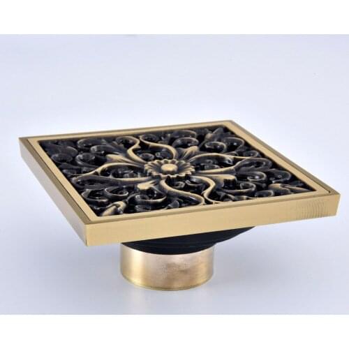 Antique Brass Vintage Carved Flower Pattern Bathroom Shower Drain 4" Square Floor Drain Waste Grates Bathroom Accessory mhr062