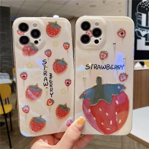 Lovely Fruites Strawberry iPhone Case For iPhone 11 12 Pro X XR XS Max 7 8 Plus Cute Peach Cover With Luxury Diamond Soft Shell