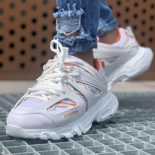 Chekich Mens Shoes White Orange Sneakers Faux Leather Summer Fall Seasons Lace Up Mixed Colors Casual Comfortable Training Fitness Flexible Orthopedic Sportive Lightweight High Base 2021 New Brand Soft Flats CH301 V3