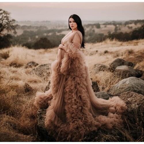 Demure Champagne Tulle Maternity Dresses Photography Ruffles Mesh Puff Sleeves Long Women Robe Sheer Women Clothing