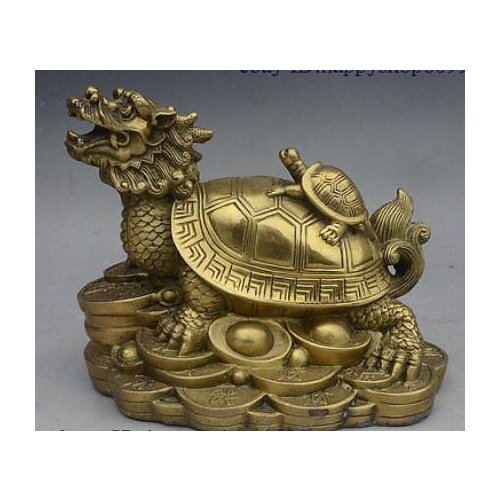 7" China fengshui Brass Longevity Wealth Dragon Turtle Tortoise On Coin Statue