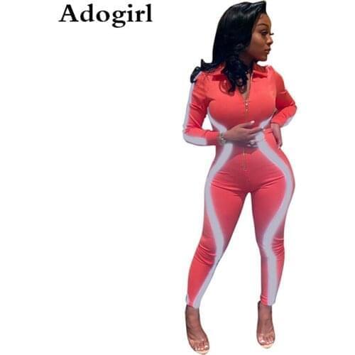 Front Zipper Reflective Stripe Patchwork Night Version Jumpsuit Turn Down Collar Long Sleeve Skinny Sporting Bodysuits