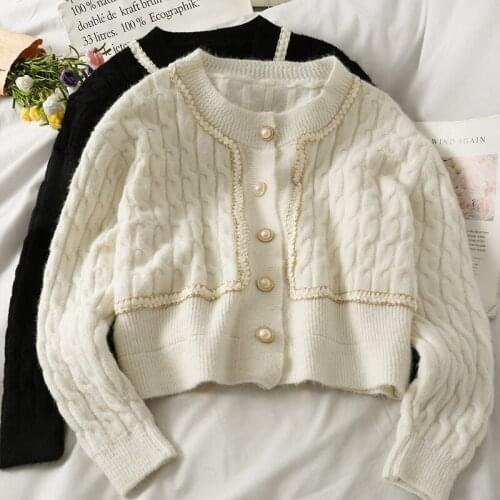 Korean Twist Gold-rimmed Single-breasted Cardigan Sweater Jacket Women Cardigan 2021 New Long-sleeved O Neck Sweater Cardigans