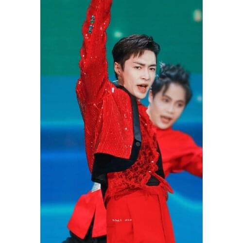 Chinese style red sequin short jacket party stage costume male singer host magician dress coat men