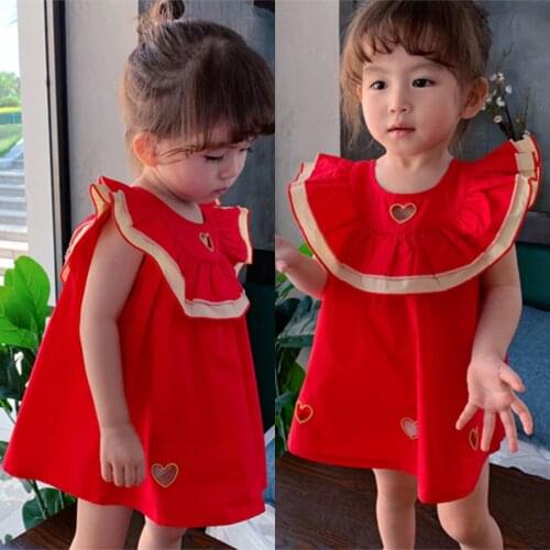 Menooea Summer Girls Dresses Kids Love Heart Hollow Clothes Sleeveless Toddler Fan-Shaped Collar Solid Color Princess Vestidos