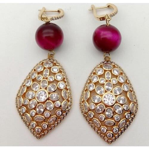 Fashion Designs Round Fuchsia 14mm Tiger Eye Cz pave Gold color Plated Leverback Earrings Cubic Zirconia Drop dangle Earrings
