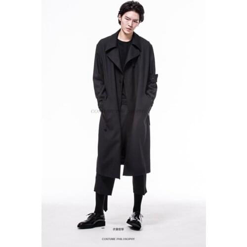 Homemade mens windbreaker loose dark black middle long style ribbon new spring 2018. S-6XL