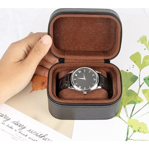 Single Watch Box Vintage PU Leather Zipper Bracket Holder Watch for Business Travel Storage Easy to Carry