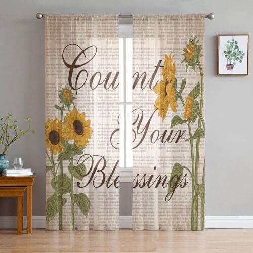 Sunflower Retro Text Article Sheer Curtains for Living Room Bedroom Kitchen Tulle for Windows Voile Drapes Home Decoration