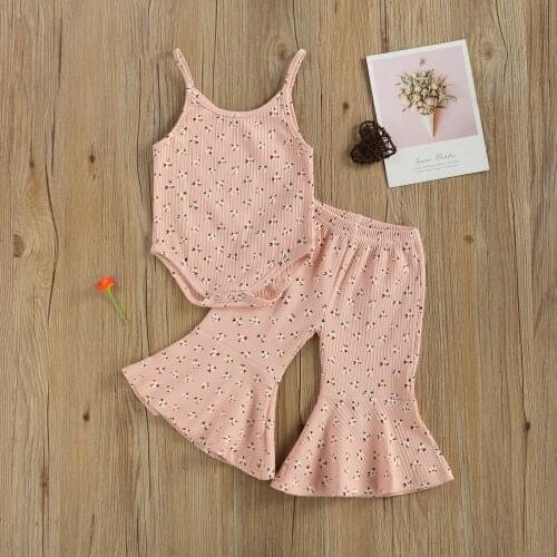 Casual Cotton Baby Girls Knitted 2Pcs outwear Summer Sleeveless Romper +Flared Pants Bell-Bottoms Trousers Infant Clothes