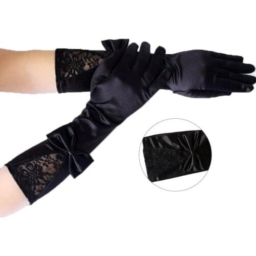Sexy ladies bow lace satin long sleeves dance performance etiquette gloves nightclub fun satin wedding gloves Dress accessories