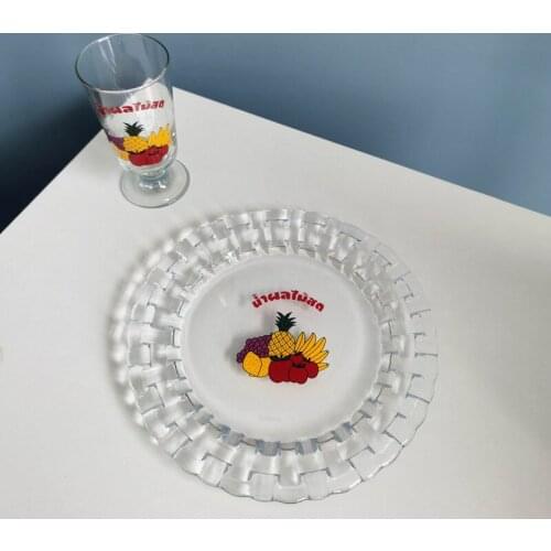 Korean Ins Printed Glass Plate Round Dessert Plate Household Heat-resistant Fruit Plate Vegetable Salad Plate