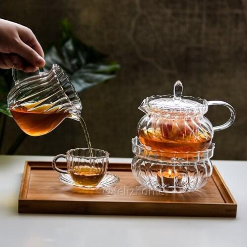 Retro glass teapot, tea set, health, brewing fruit, flower teapot, heating candle holder Heat-resistant Glass Teapot with Round