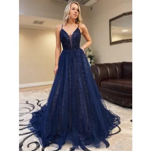 Navy Blue Lace Beaded Prom Dresses 2021 A Line V Neck Spaghetti Straps Formal Evening Party Dress Robe De Soiree