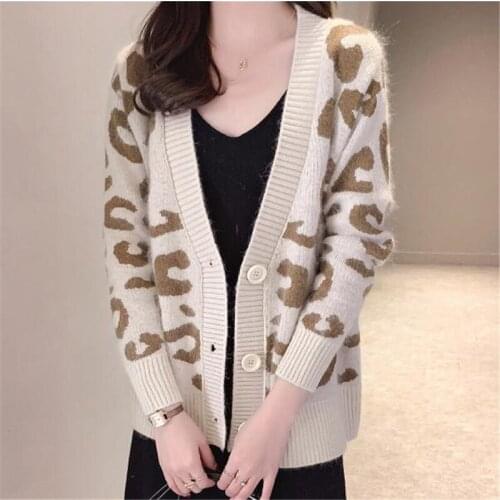 Spring Autumn Sweater Womens Cardigan Coat Korean Loose Long Sleeve Knitted Sweaters Leopard Print Jacket Outerwear