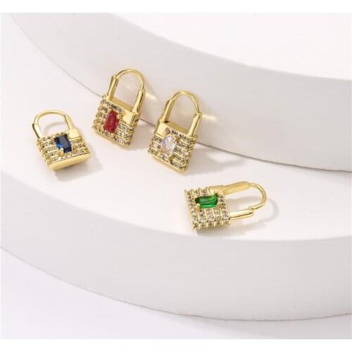 WTLTC CZ Stone Lock Shaped Hoop Earrings With Charms Statement Metal Small Hoops Earrings INS Fashion Earrings for Women Gifts