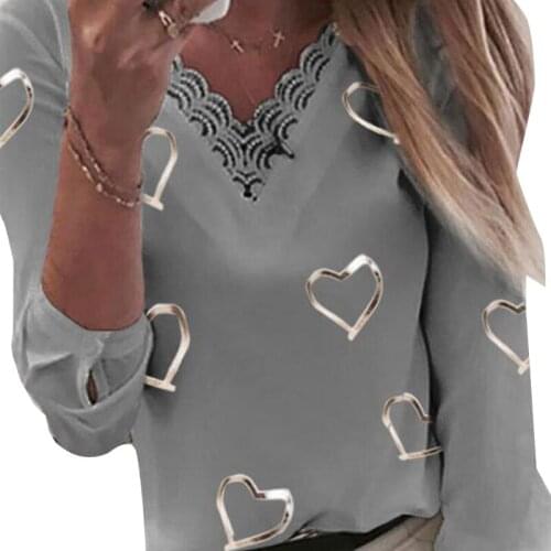 Women Autumn Long Sleeve T Shirts Sexy V-Neck Lace Patchwork Solid Color Pullover Tops Love Heart Printed Graphic Casual Loose