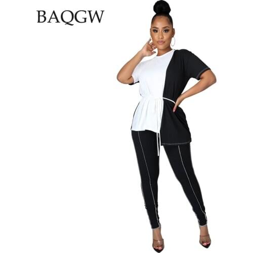 Color Block Splicing Two Piece Tracksuit for Women Summer Short Sleeve T-shirts and Legging Casual Loungewear Club Outfits 2XL