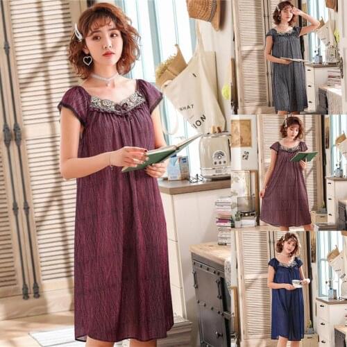 Women Floral Lace Breathable Short Sleeve Loose Night Dress Sleepwear Pajama