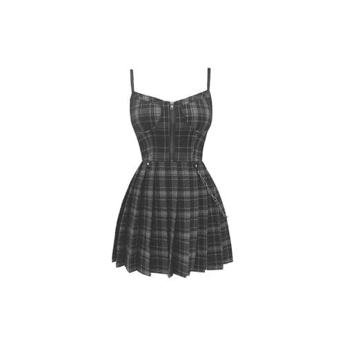 Spring Summer Preppy style Gothic Girls Sexy Sling Dress Grey Balck Pleated Plaid Women Sleeveless Mini Short Dresses