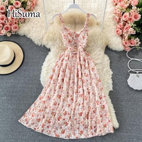 2021 summer new women strap buttons flower print chiffon stitching lace A-line dress female Chic elegant ruffles party dresses