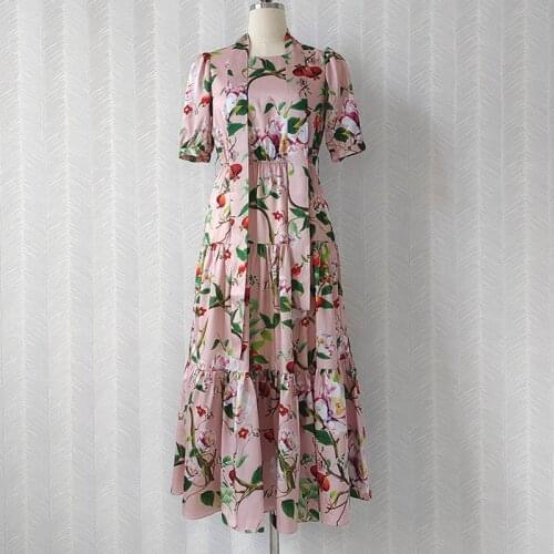 2021 Summer Designer Fashion Dress Women O-Neck Short Sleeve Pink Flower Printed Elegant Party Dresses