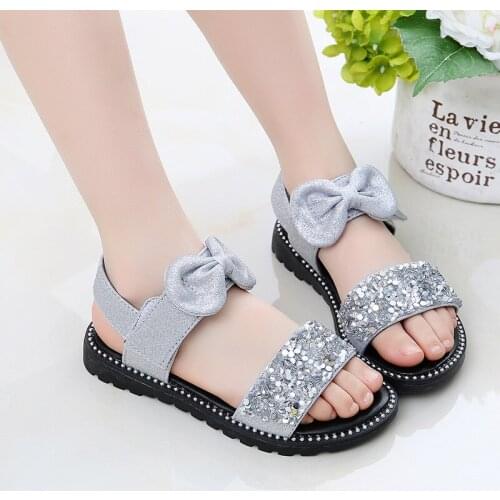 2021 Summer Sandal Little Girl Beach Fashion Glitter Bow Princess Shoes Child Pink Big Kid Flat Shoes 3 5 6 7 8 9 10 11 12 Years