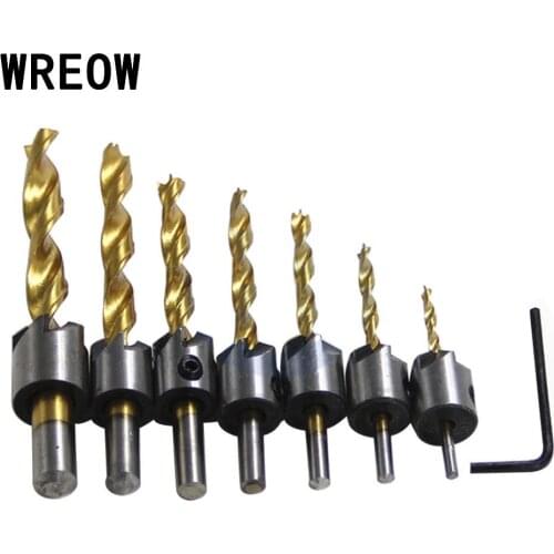 7pc Sink Titanium Countersink Drill Bit End Milling Wood Reamer Carpentry Chamfer 3/4/5/6mm Sink Hole Reaming Woodworking Power