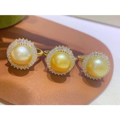 925 Sterling Silver Real Gold Color Southsea 10-11MM Pearl Ring Adjustable Finger Ring Free Size Ring Jewelry Nice Party Gift