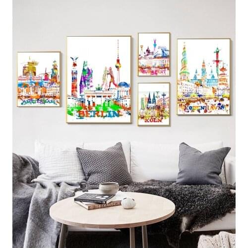 Amsterdam Berlin Budapest Cologne Copenhagen Dresden Dusseldorf City watercolor landscape Art Poster Canvas Painting Home Decor