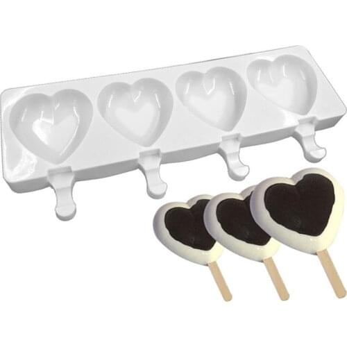 Ice Cream Mold 4 Cavities Heart Shaped Popsicle Mold Ice Pop Mold With Sticks Silicone Cake Mould Dessert Baking Tools