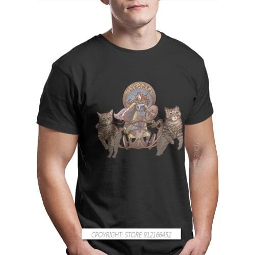 Freya Driving Her Cat Chariot Print 100% Cotton Ofertas T Shirts Norse Mythology Freyja Freyr Cool Yggdrasil Men Harajuku Tops