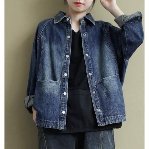 New Arrival Spring Korea Fashion Women Long Sleeve Loose Denim Coat Double Pocket All-matched Casual vintage Jeans Jackets S819