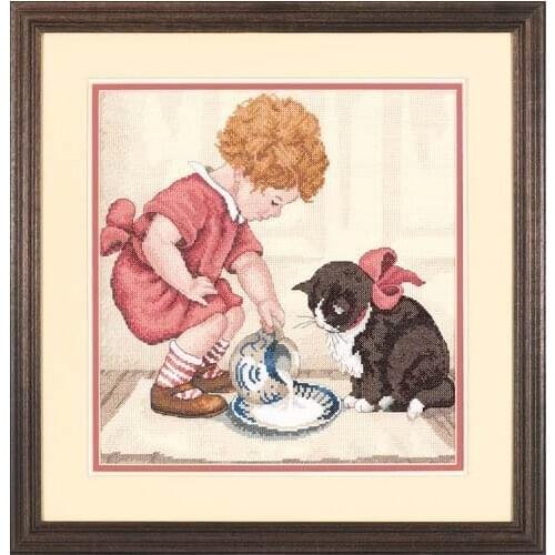 MM cross stitch kits Counted Cross Stitch Kit Cream for Kitty Cat Kitten and Girl Milk Food dim 35032
