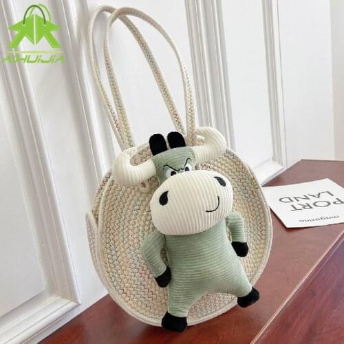 Fashion Girl Hand-woven Shoulder Bag 2021 Summer New Bohemia Cute Cattle Decoration Weave Handbag Simplicity Round Women Bags