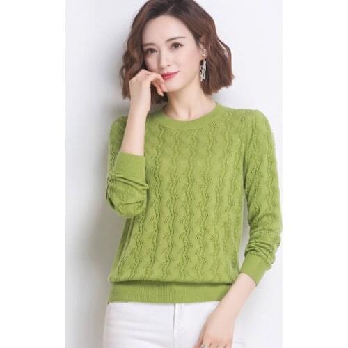 Solid O-neck Hollow out sweater women Fashion blue full sleeve knitting large size Pullover female 2021 new Korean spring tops