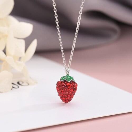 Cute Trendy Real 925 Sterling Silver Strawberry Pendant Necklace For Women Statement Cubic Zircon Long Chain Necklace Jewelry