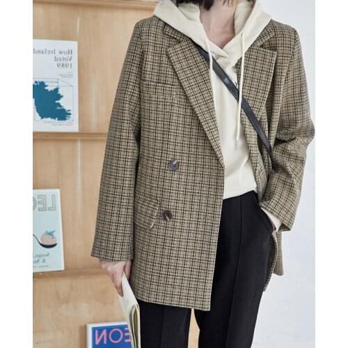 Plaid Suit Jacket Women Korean Loose New Vintage Woolen Ladies Blazer Winter Jacket female oversize Coat