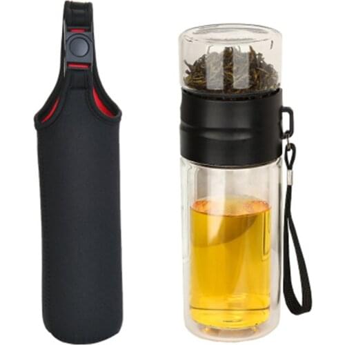 Double Wall Glass Water Bottle Tea and Water Separation Bottle Mug Cup with Tea Infuser Home Office PAK55