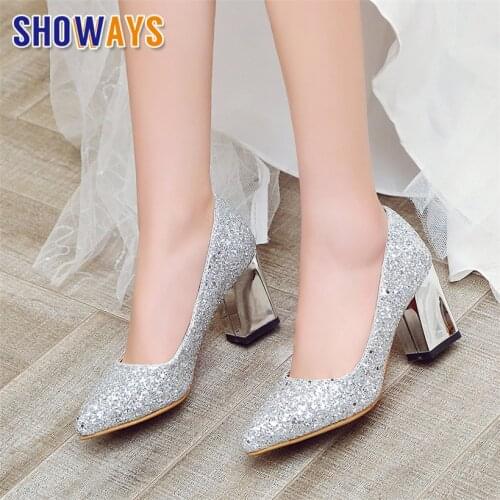 Silver Wedding Women Pumps 7cm High Block Heels Red Bottom Sequined Cloth Pointed Toe Bridesmaid Party Office Slip-on Lady Shoes