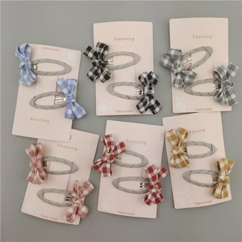 1 Pair Korean Simple Classic Lattice Fabric Bow BB Clip Headwear Fashion Cute Children Girl Hairpins Hair Accessories