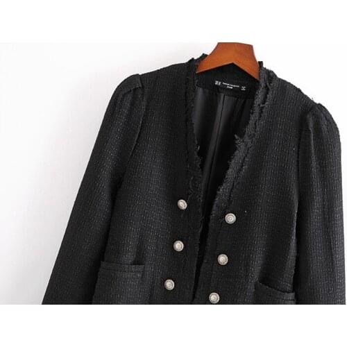 Female Outerwear Chic Tops Women Fashion Double Breasted Houndstooth Tweed Blazers Coat Vintage Long Sleeve Frayed Trim
